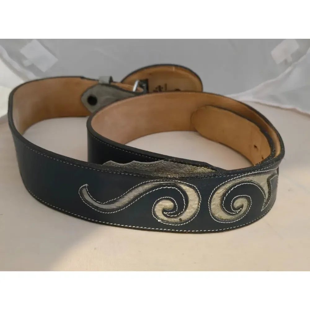 Tony Lama Belt Mens Tooled Leather Blue Gray Size 36 60607 with matching buckle